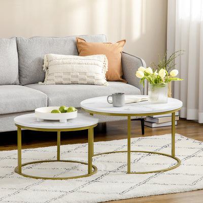 HOMCOM Coffee Table Set of 2, Round Nest of Tables with Faux Marble Tabletop and Metal Frame, Modern Side Tables for Living Room, White 