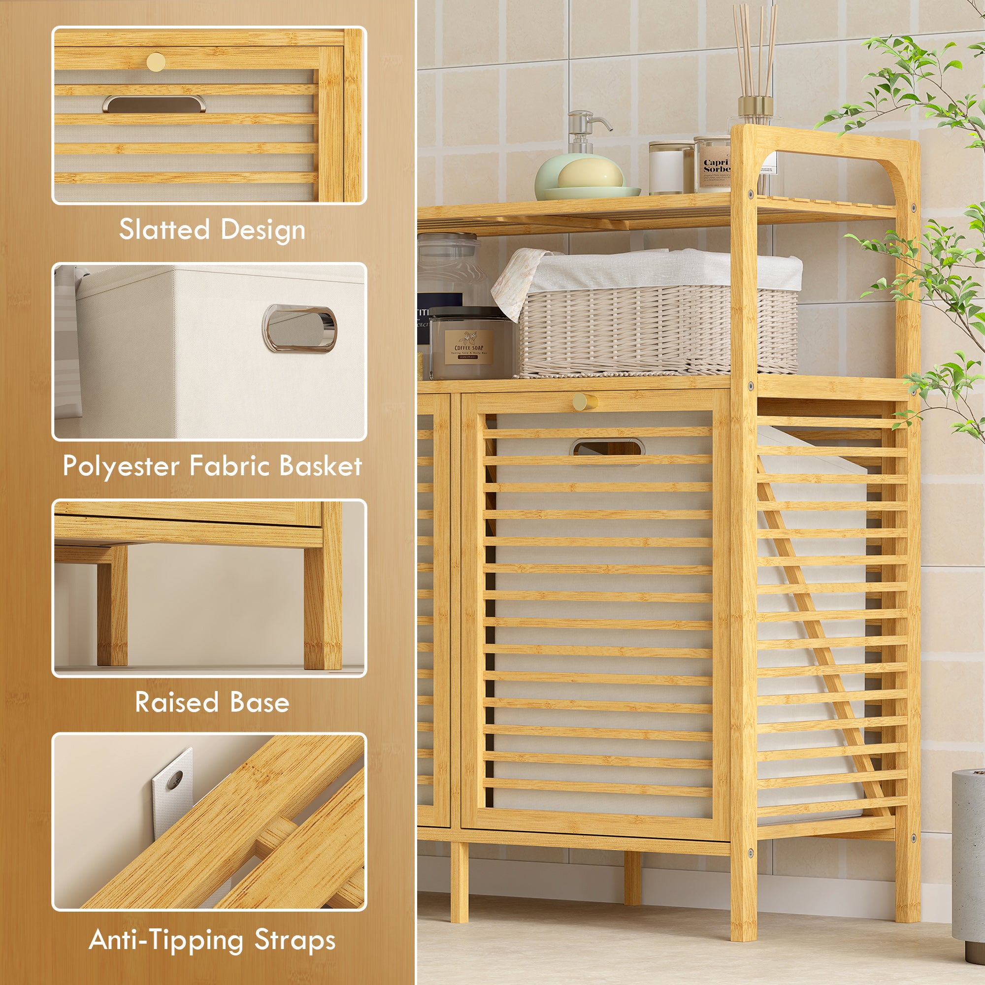HOMCOM Double Tilt Out Bamboo Laundry Cabinet, Freestanding Bathroom Cabinet with 2 Removable Baskets, Natural 