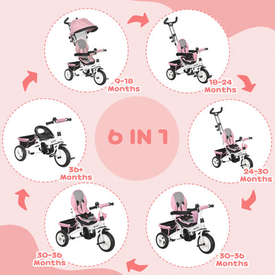 HOMCOM 6 in 1 Kids Trike Push Bike w/ Push Handle, Canopy, 5-point Safety Belt, Storage, Footrest, Brake, for 1-5 Years, Pink 