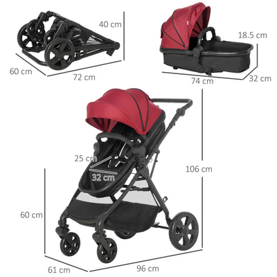 HOMCOM Foldable Baby Stoller, with Reclining Backrest, Adjustable Canopy, for Ages 0-36 Months - Red 