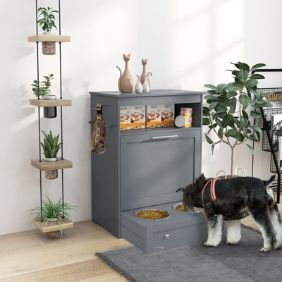 PawHut Pet Feeder Station, Dog, Cat Storage Container, with Raised Bowls, Hanger, Cabinet - Grey 