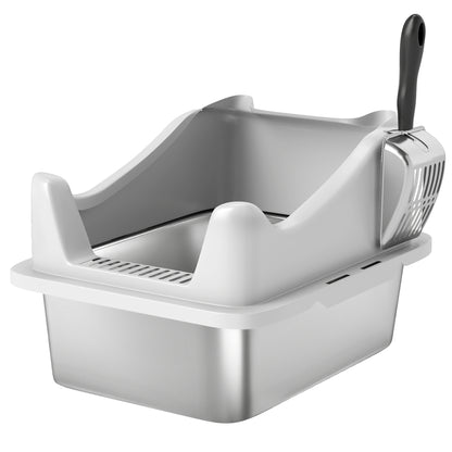PawHut Stainless Steel Cat Litter Box with High Sides, Scoop, 43 x 33 x 25 cm