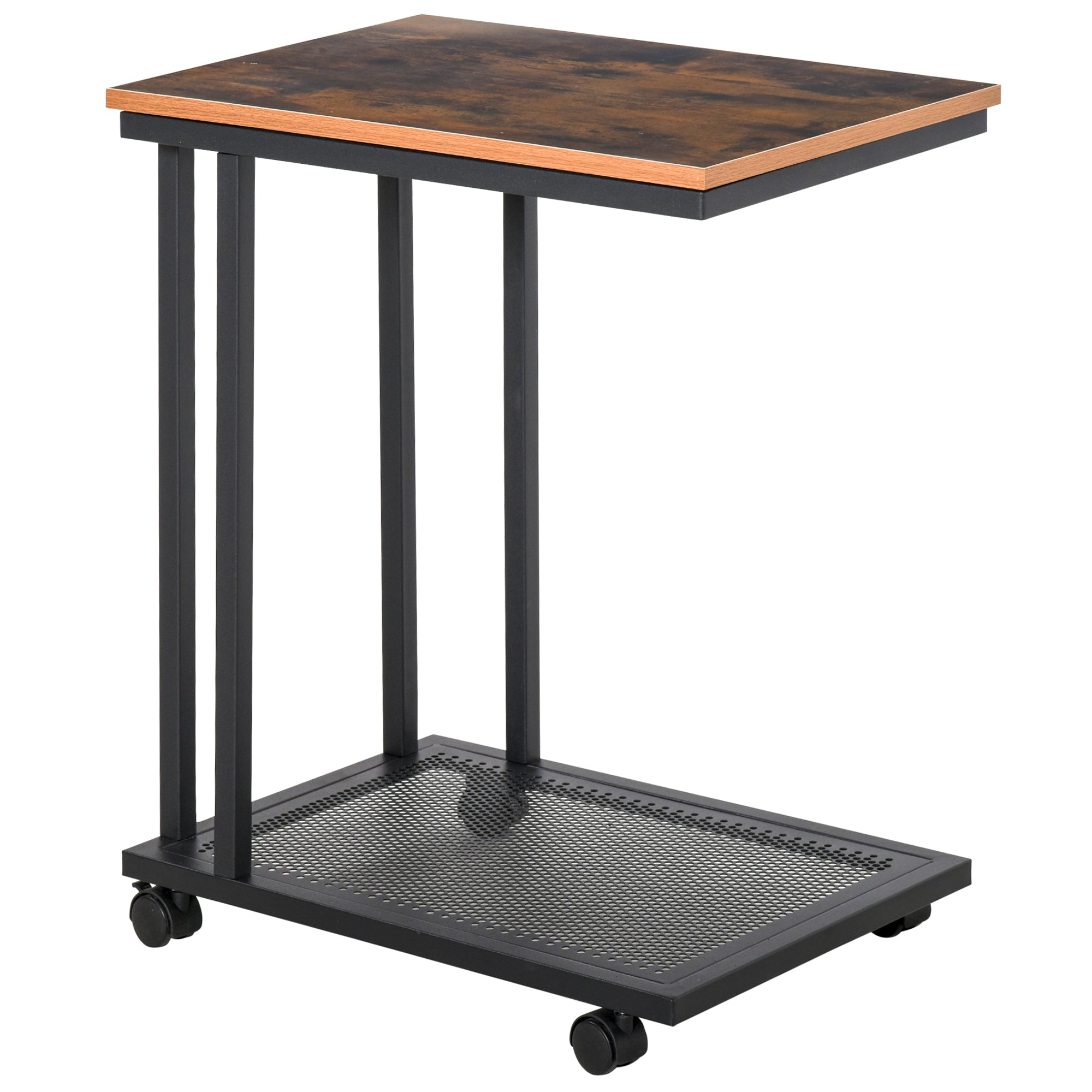 HOMCOM C Shaped Side Table with Wheels, Mobile End Table, Laptop Stand with Metal Frame and Storage Shelf, Rustic Brown 