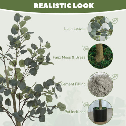 HOMCOM Decorative Artificial Plant, 5ft/ 150cm Silk Eucalyptus Tree with 230 Silver Dollar Leaves in Pot, Fake Plant for Home, Office, Living Room, Indoor Decor 