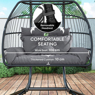 Outsunny Rattan Double Hanging Egg Chair with Stand, Foldable Wicker Swing Egg Chair with Cushion, Head Pillows, Steel Frame, Hammock Chair for Indoor Outdoor, Capacity 260 kg, Dark Grey 