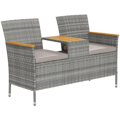 Outsunny Two-Seat Rattan Loveseat, with Wood-Top Middle Table - Grey 