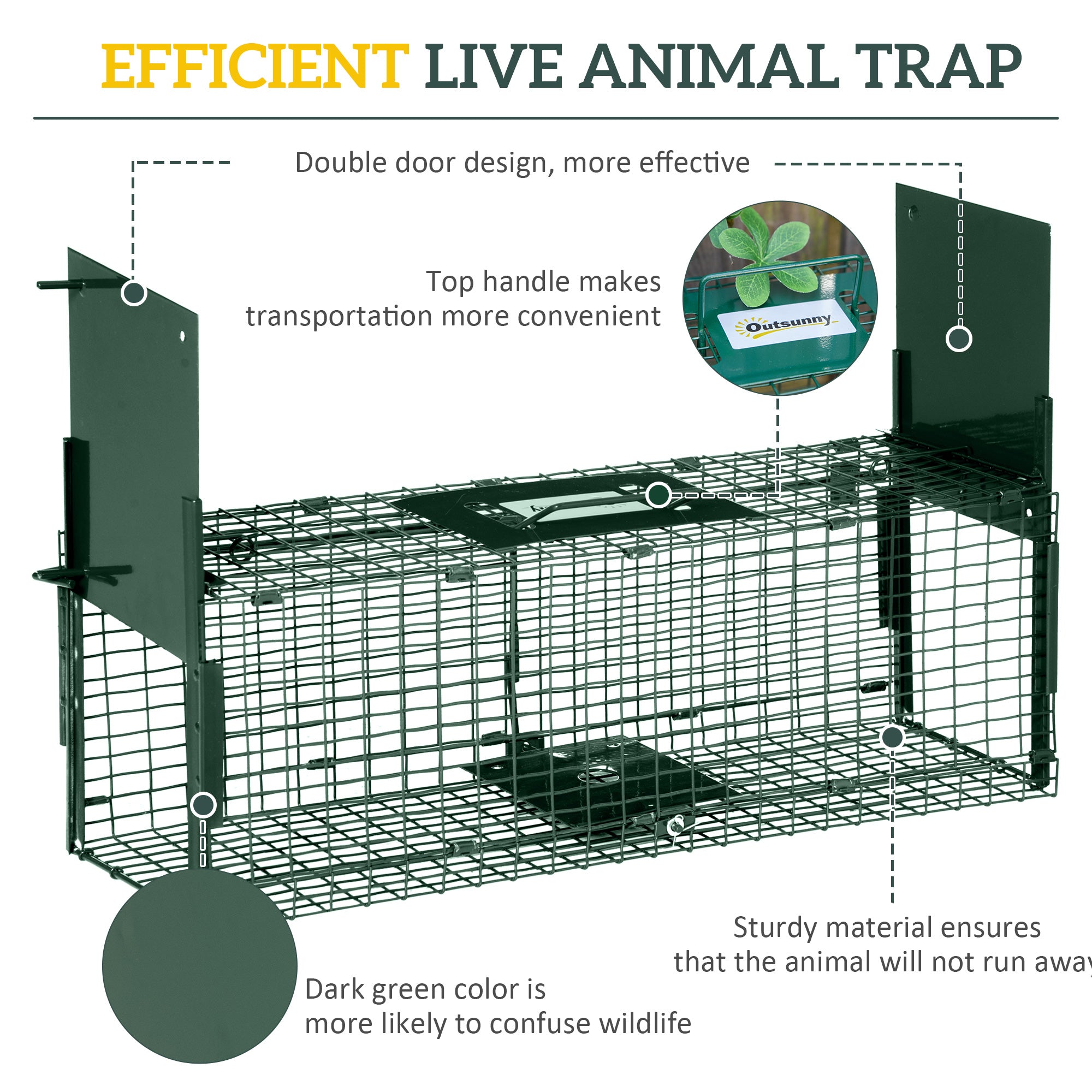 Outsunny Animal Trap Cage, Humane Rat Trap with Double Doors, Squirrel Trap for Indoors & Outdoors, Catch and Release Mice, Rats, Rodents, 60 x 18 x 20 cm, Green 