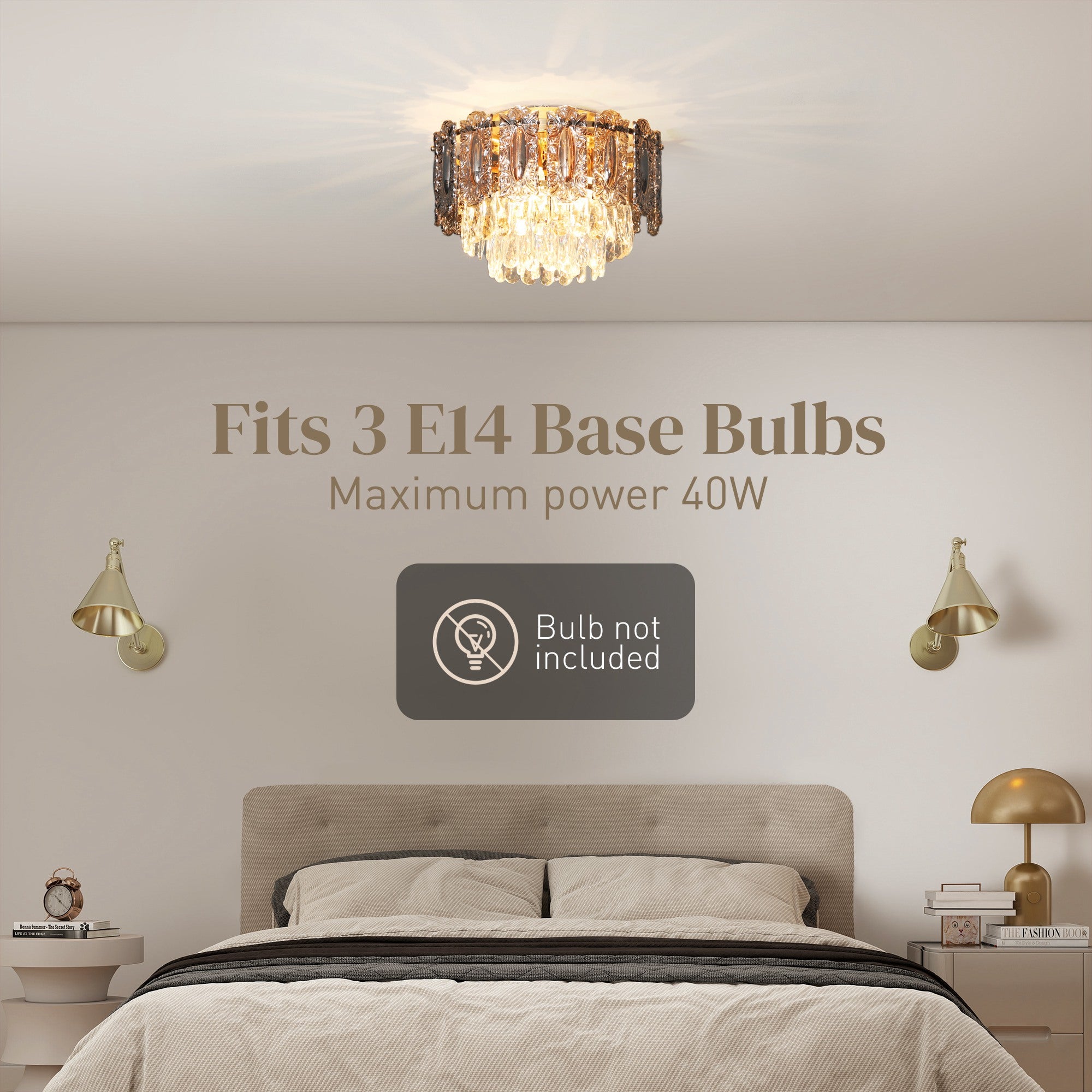 HOMCOM Chandelier Ceiling Light, 3-Light Flush Mount Fixture with Dual Crystal and Smoke Glass Shade, 40 cm LED Ceiling Light for Living Room Bedroom, 3 E14 Sockets, Bulbs Not Included, Gold Tone 