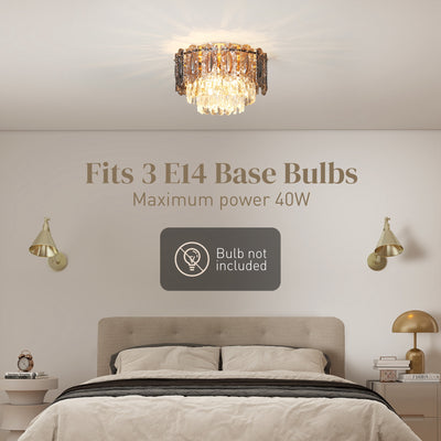 HOMCOM Chandelier Ceiling Light, 3-Light Flush Mount Fixture with Dual Crystal and Smoke Glass Shade, 40 cm LED Ceiling Light for Living Room Bedroom, 3 E14 Sockets, Bulbs Not Included, Gold Tone 