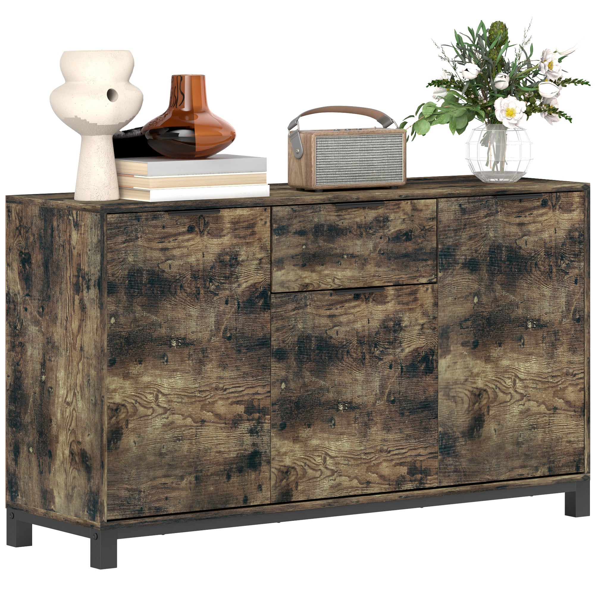 HOMCOM Sideboard, Industrial Storage Cabinet with Doors, Drawer, Cupboard and Adjustable Shelves for Living Room, Dining Room, Hallway, Rustic Brown 
