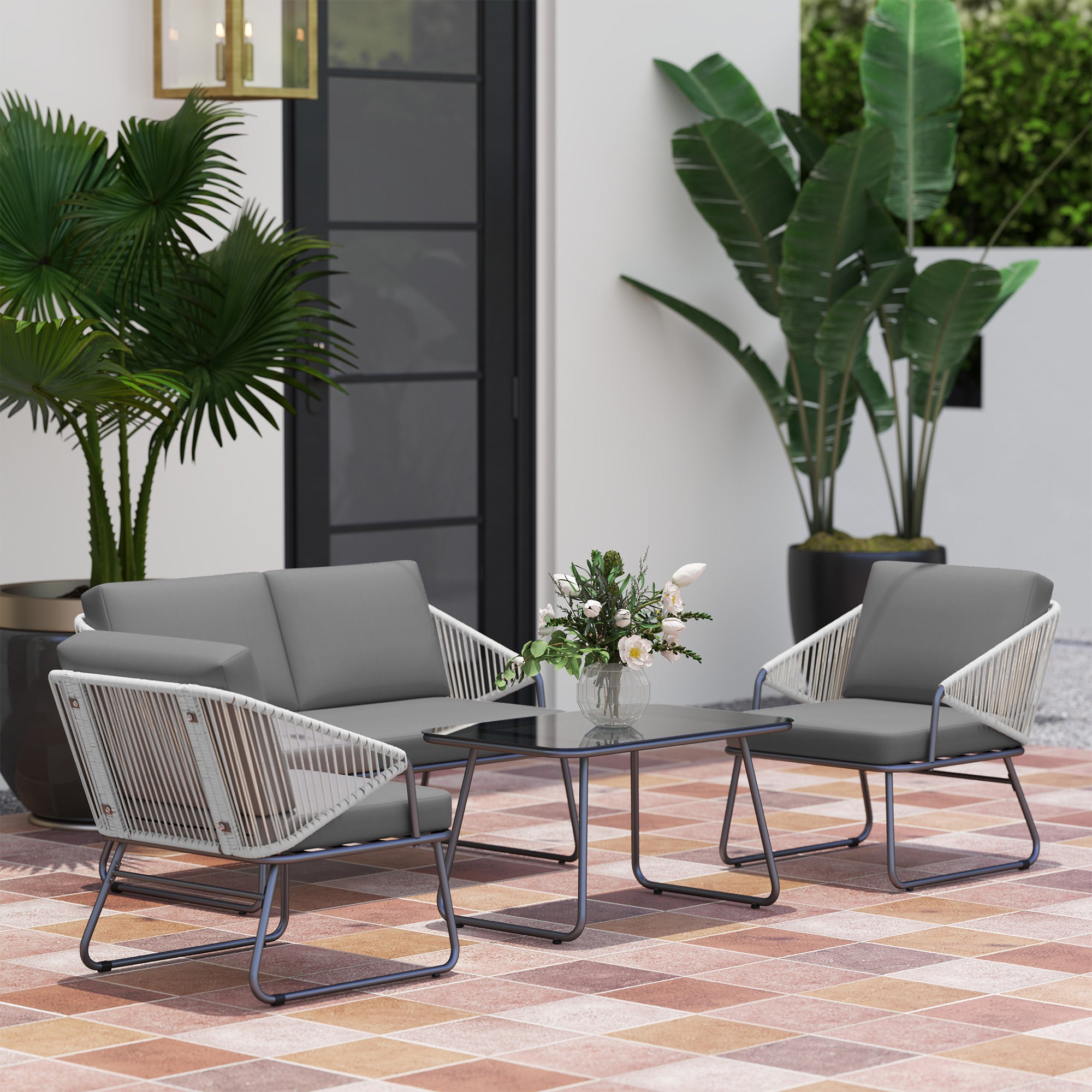 Outsunny 4 Piece Rattan Garden Furniture Set, Wicker Patio Outdoor Furniture Set with Loveseat, Armchairs, Glass Top Coffee Table and Cushions for Patio, Conservatory, Balcony, Grey