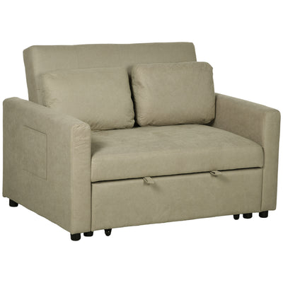 HOMCOM Loveseat Sofa Bed, Convertible Bed Settee with 2 Cushions, Side Pockets for Living Room, Light Brown 
