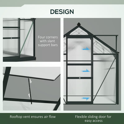 Outsunny 6 x 8ft Polycarbonate Greenhouse, Large Walk-In Green House with Slide Door and Window, Garden Plants Grow House with Aluminium Frame and Foundation, Grey 