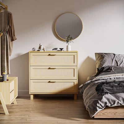 HOMCOM Rattan Bedroom Chest of Drawers, 3 Drawers Storage Unit, Boho Dresser for Living Room, Hallway, Natural 