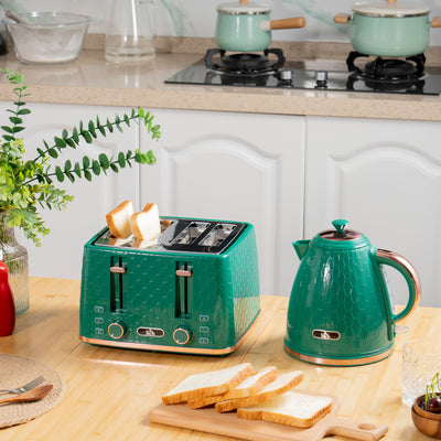 HOMCOM Kettle and Toaster Set, 1.7L 3000W Fast Boil Jug Kettle with Auto Shut Off, 4 Slice Toaster with 7 Level Browning Controls & Crumb Tray, Green 