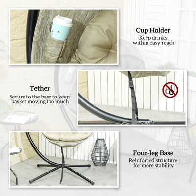 Outsunny Hanging Egg Chair Outdoor Indoor Garden Swing Chair with Folding Basket, Garden Hanging Chair with Stand, Thickened Cushion, Cup Holder for Patio, Balcony, Khaki 