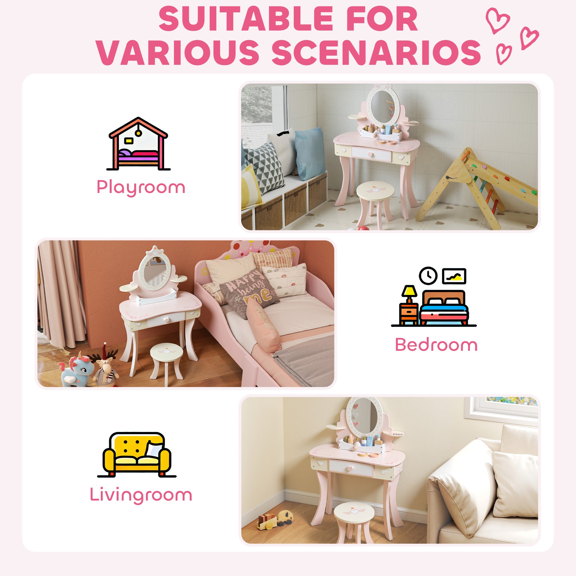 AIYAPLAY Kids Dressing Table, Girls Vanity Set with Mirror and Stool, 7 Play Accessories, Drawer, Desktop Storage, Pink 