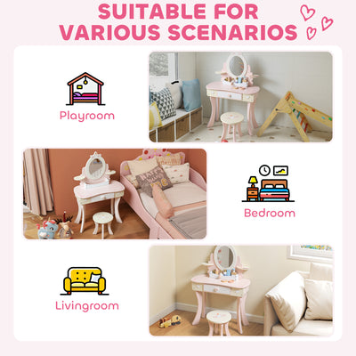 AIYAPLAY Kids Dressing Table, Girls Vanity Set with Mirror and Stool, 7 Play Accessories, Drawer, Desktop Storage, Pink 