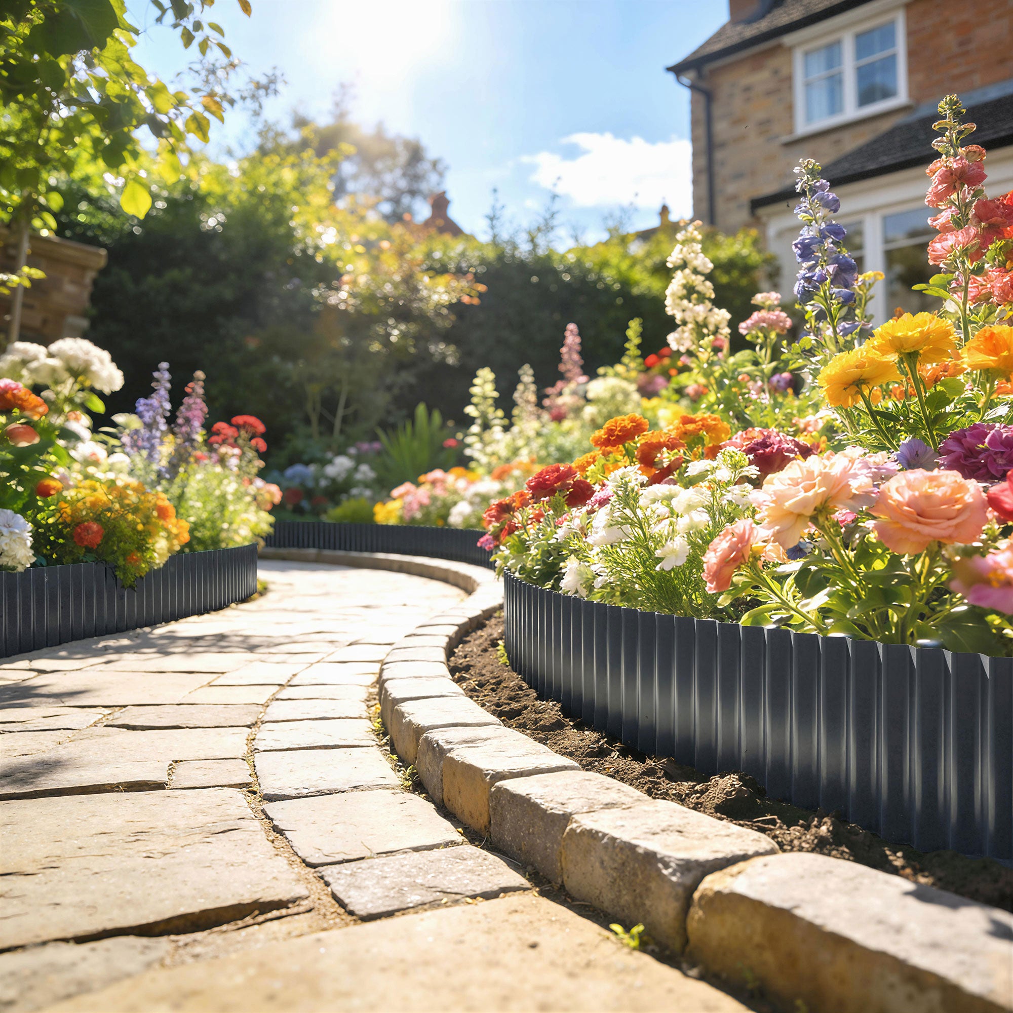 Outsunny Metal Garden Edging Border, 8 in x 21.3 ft Corrugated Heavy Duty Galvanised Steel Lawn Edging, Dark Grey 
