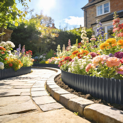 Outsunny Metal Garden Edging Border, 8 in x 21.3 ft Corrugated Heavy Duty Galvanised Steel Lawn Edging, Dark Grey 