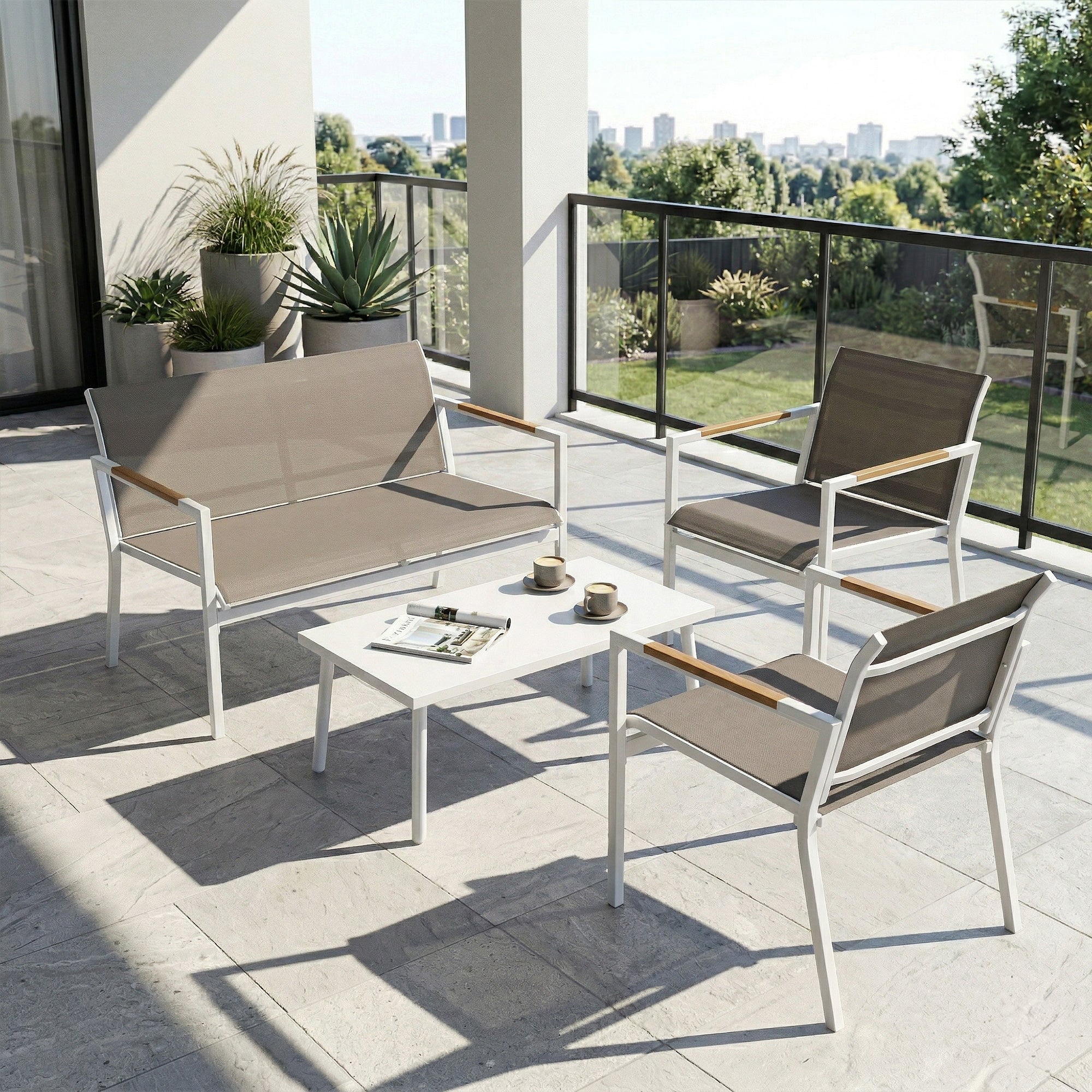 Outsunny 4 Seater Garden Furniture Set with Loveseat, Armchairs, Table, Metal Garden Sofa Set with Breathable Seats, Khaki 