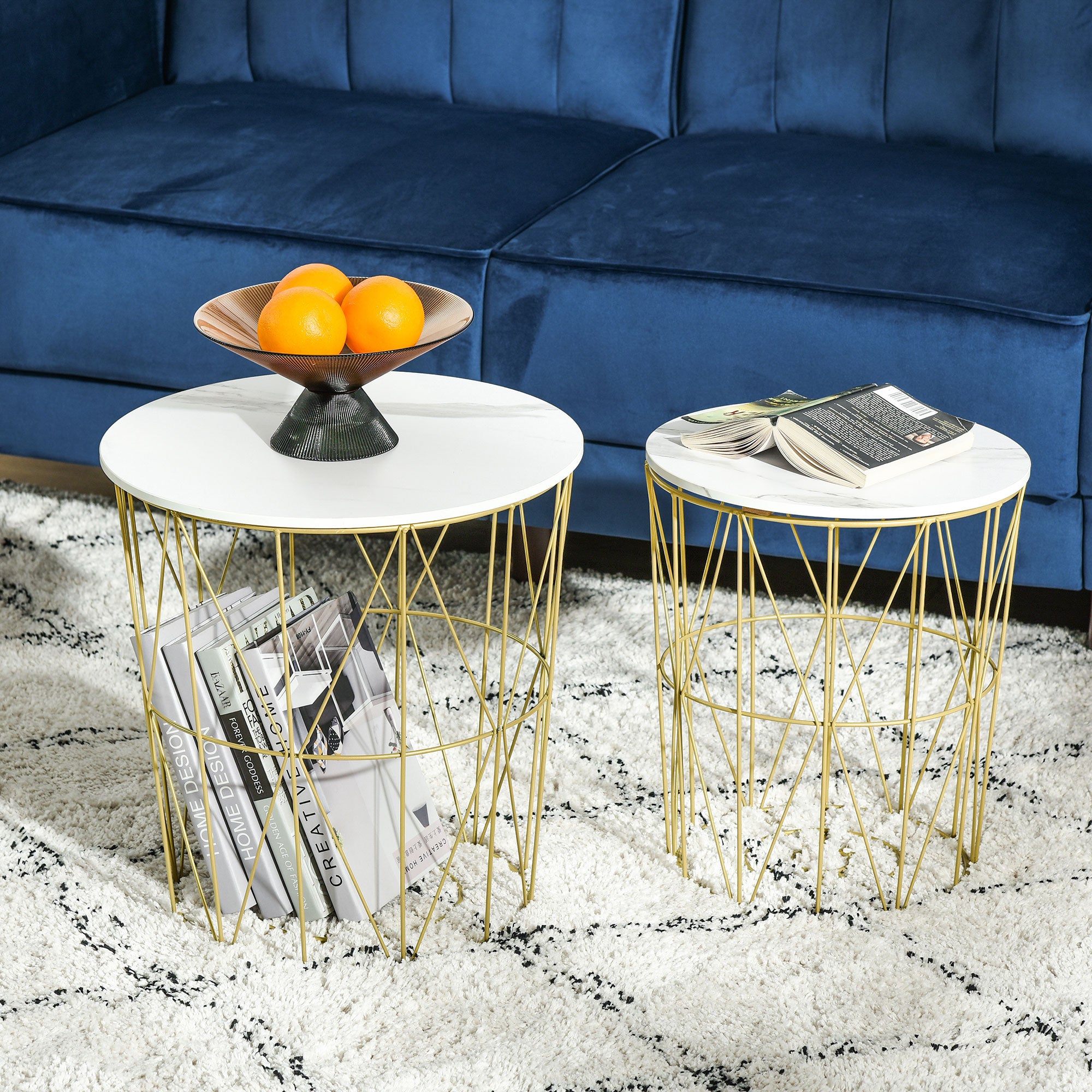 HOMCOM Set of 2 Nesting Side Tables with Storage, Round End Tables Coffee Tables with Steel Frame and Removable Round Top, for Living Room, bedroom, office, White 