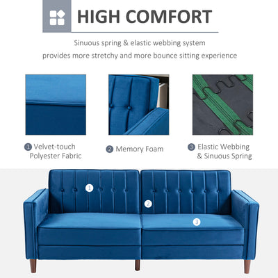 HOMCOM Velvet-Feel Three-Seater Sofa Bed - Blue 