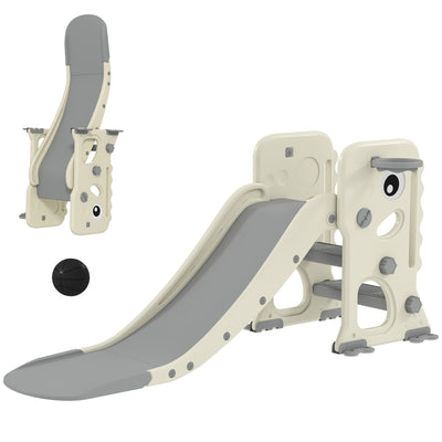AIYAPLAY 3 in 1 Kids Slide with Climber, Basketball Hoop and Ball, Foldable Indoor Toddler Slide for Ages 2-5, Cream White 