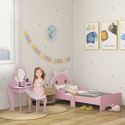 ZONEKIZ Wooden Kids Bedroom Furniture Set with Kids Dressing Table, Stool, Bed, for 3-6 Years, Cat-Design 
