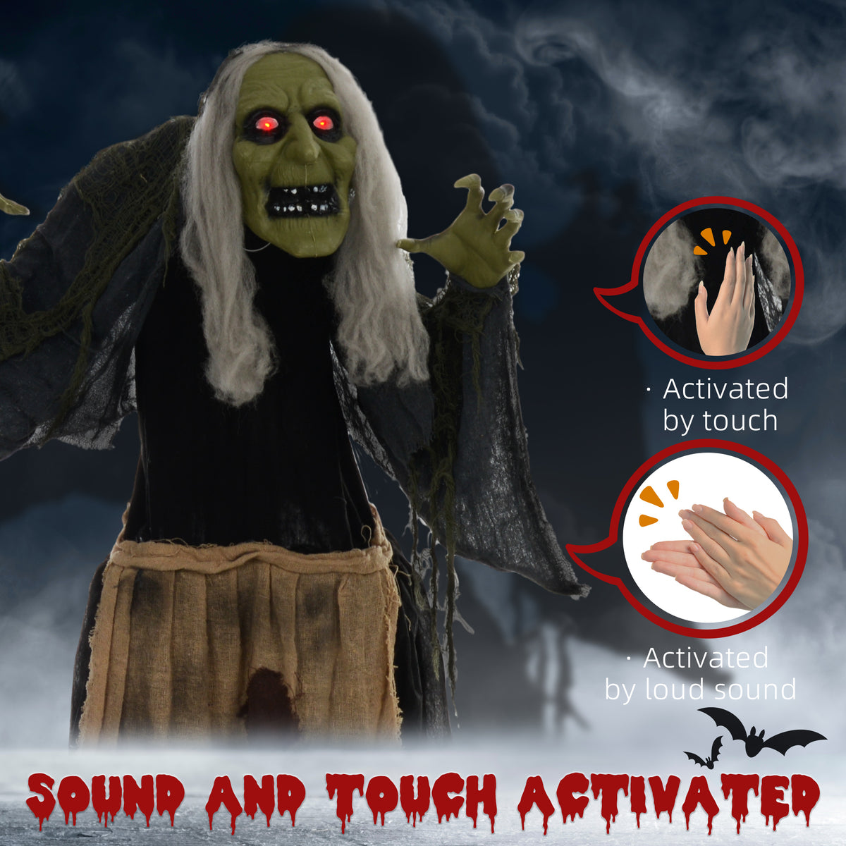 HOMCOM 5'2" Hunchback Witch Halloween Animatronic, with Glowing Eyes 