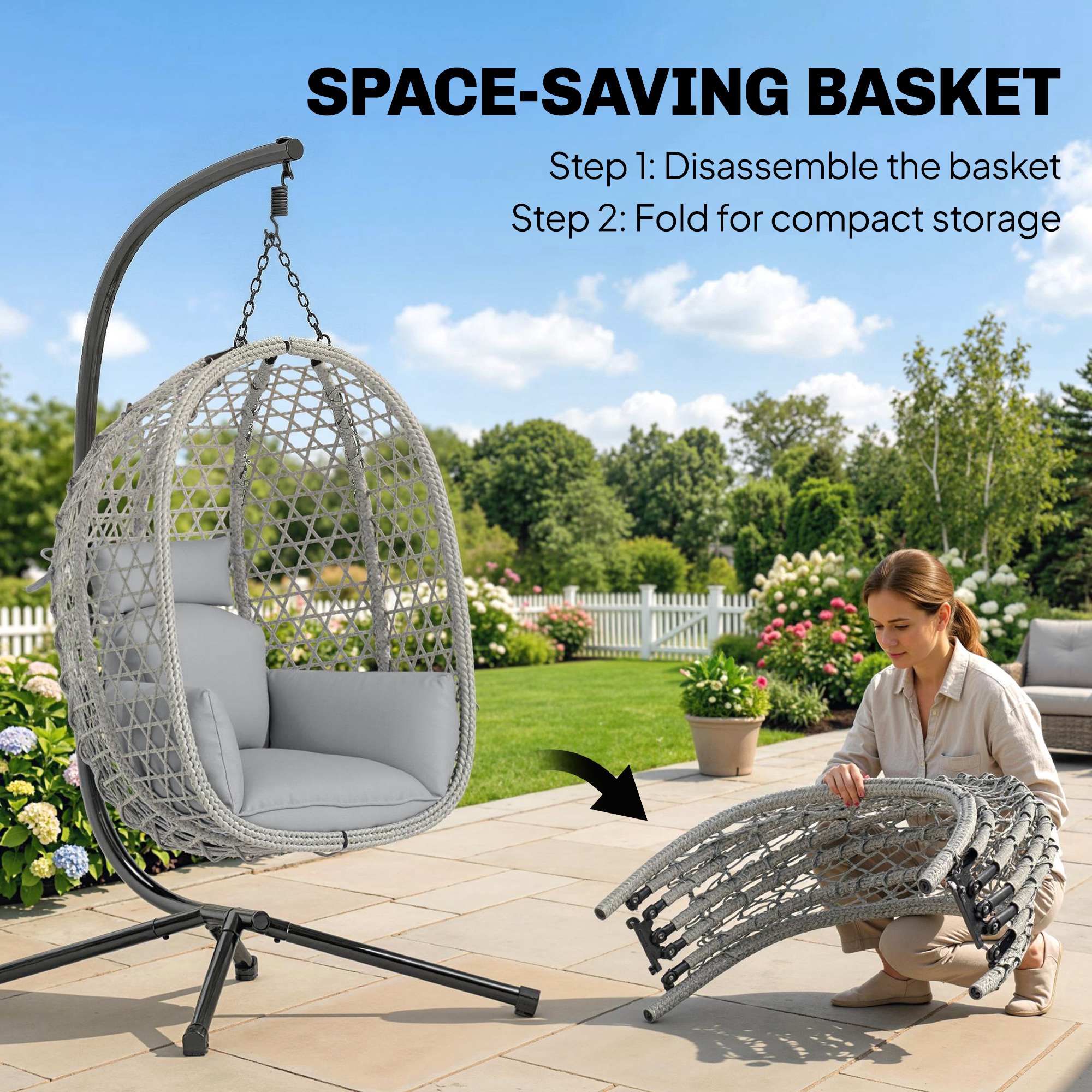 Outsunny Hanging Egg Chair, Indoor Outdoor Rattan Hammock Swing Chair with Stand, Safety Strap, Foldable Basket, Light Grey 