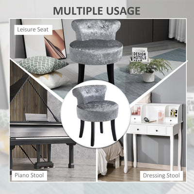HOMCOM Dressing Table Stool with Rubber Wood Legs, Ice Velvet Vanity Stool for Living Room Bedroom, Grey 