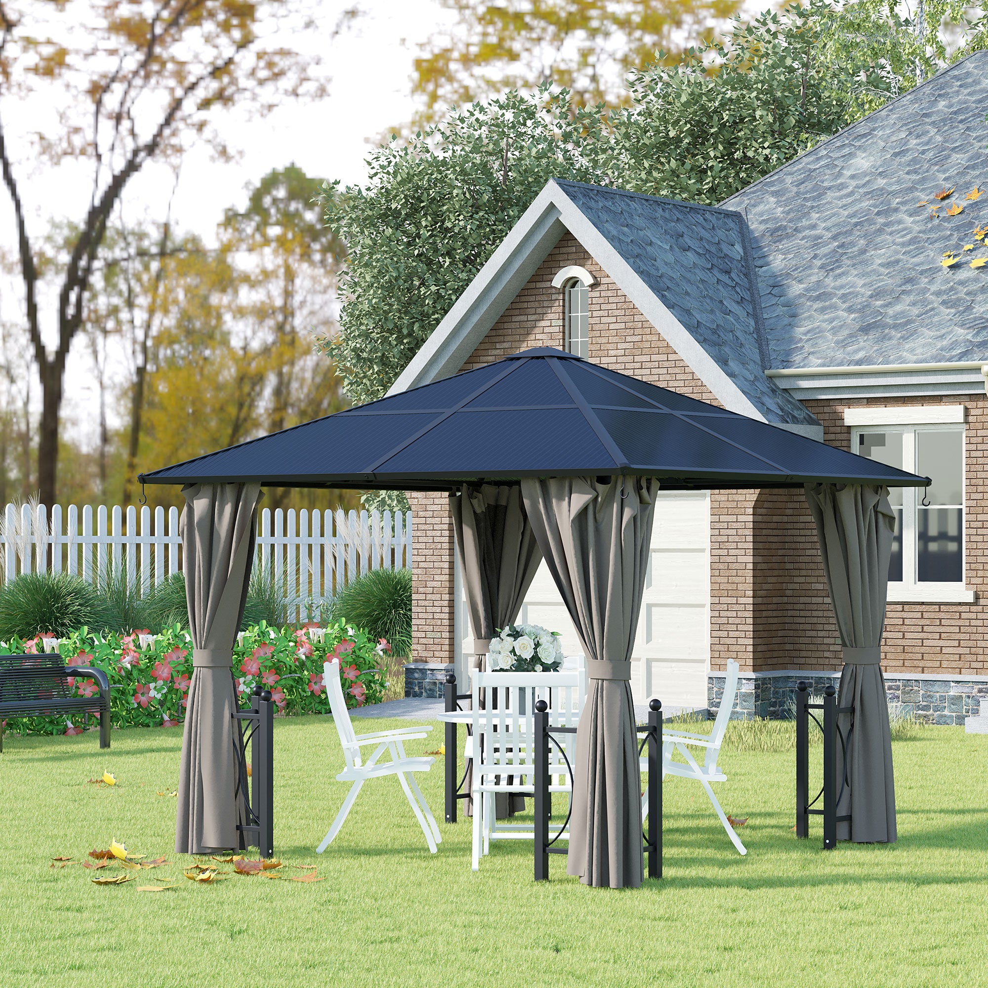 Outsunny 3 x 3(m) Hardtop Gazebo Canopy with Polycarbonate Roof, Steel & Aluminium Frame, Garden Pavilion with Mosquito Netting and Curtains, Black 