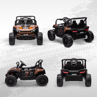 AIYAPLAY 12V Battery Powered Ride on Truck w/ Remote, Four Suspension Wheels, Horn, Lights, Music, USB, for Ages 3-5 Years, Brown 