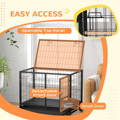PawHut Heavy Duty Dog Crate on Wheels w/ Bowl Holder, Removable Tray, Openable Top, Detachable Door, for M, L Dogs 