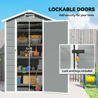 Outsunny 4 x 3 ft Plastic Garden Shed with Floor, Outdoor Storage Shed with Lockable Door, Window and Vent, Light Grey 