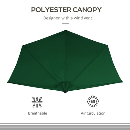 Outsunny 3(m) Half Parasol, Semi Round Umbrella with Metal Frame, Crank Handle for Balcony, Garden, Green 