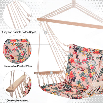 Outsunny Garden Outdoor Hanging Hammock Chair Thick Rope Frame Wooden Arms Safe Wide Seat Garden Outdoor Spot Stylish Multicoloured floral 