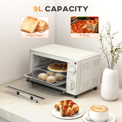 HOMCOM Mini Oven, 9L Countertop Electric Grill, Toaster Oven with Adjustable Temperature, Timer, Dishwasher Safe Baking Tray and Wire Rack, 750W, Cream 