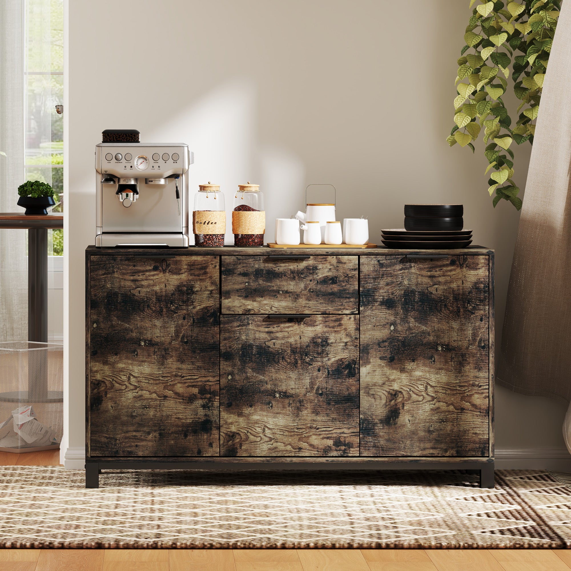 HOMCOM Sideboard, Industrial Storage Cabinet with Doors, Drawer, Cupboard and Adjustable Shelves for Living Room, Dining Room, Hallway, Rustic Brown 