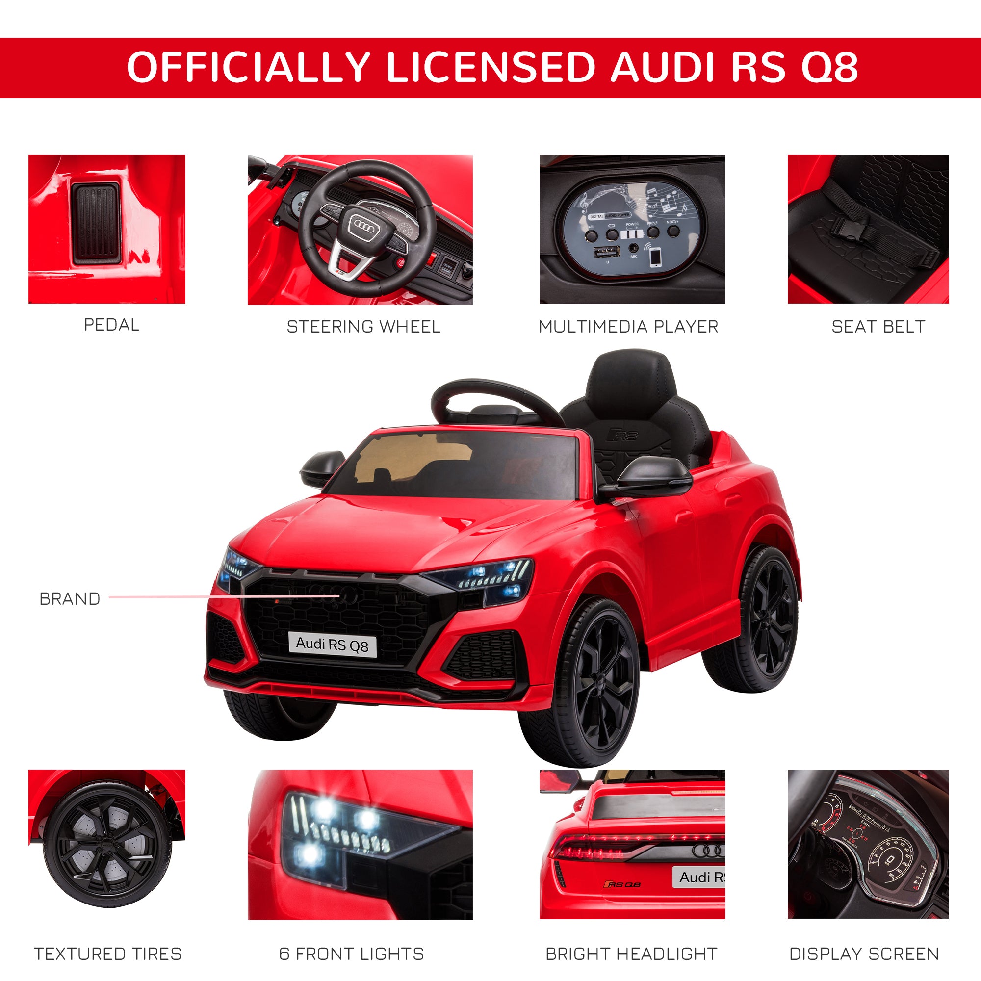 HOMCOM Audi RS Q8 Licensed Electric Car for Kids, 6V Kids' Electric Ride on with Remote Control, 7Ah Big Battery, Lights Bluetooth, Music USB MP3, for 3-5 Years Old, Red 