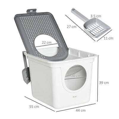 PawHut Cat Litter Box, Pet Toilet, Enclosed Kitten Pan with Front Entrance Top Exit, High Side, Scoop, White 