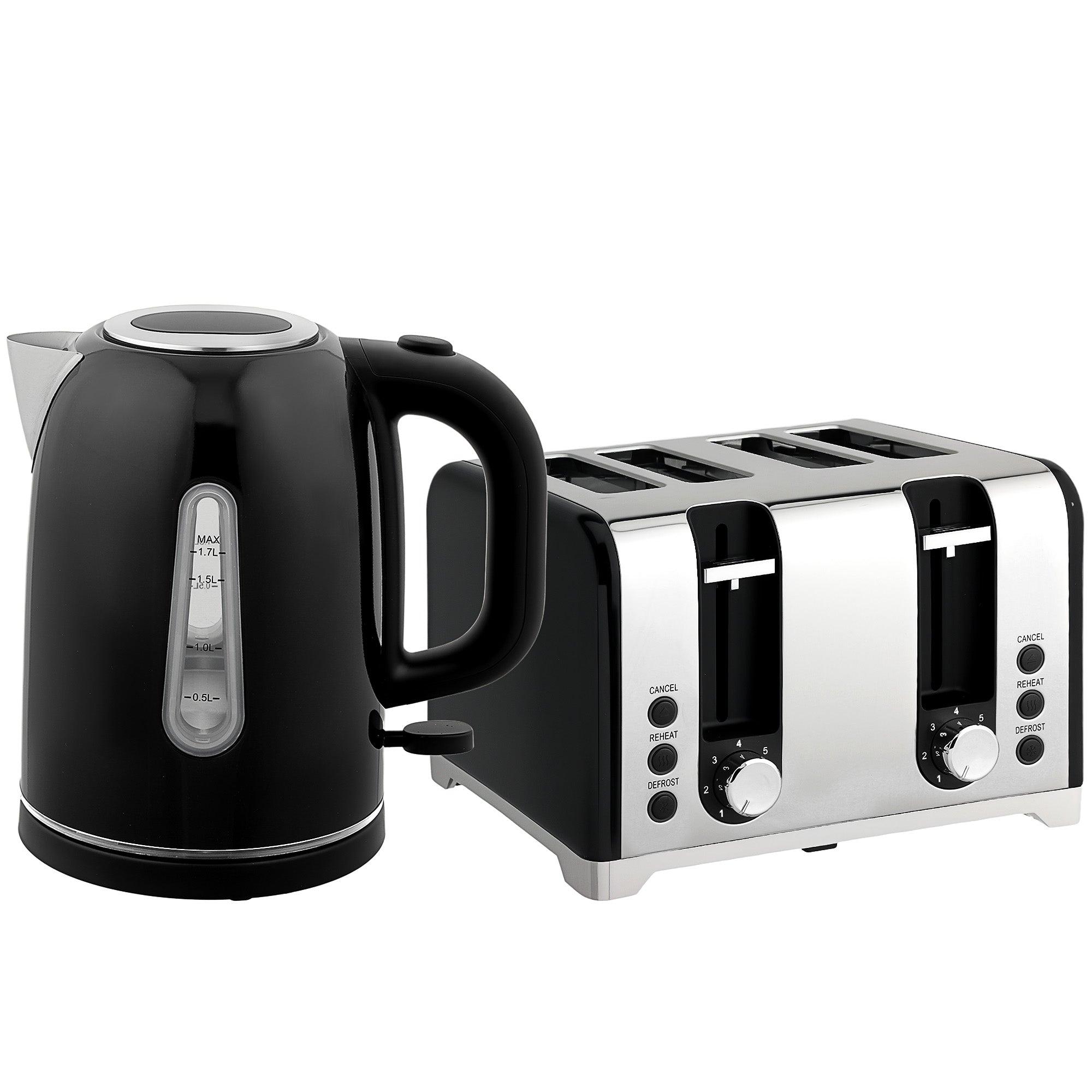 HOMCOM Kettle and Toaster Set, 1.7L 3000W Rapid Boil Jug Kettle with Otter Thermostat, Limescale Filter, 4 Slice Toaster with 7 Browning Controls, Crumb Tray, LED Strip, Black 