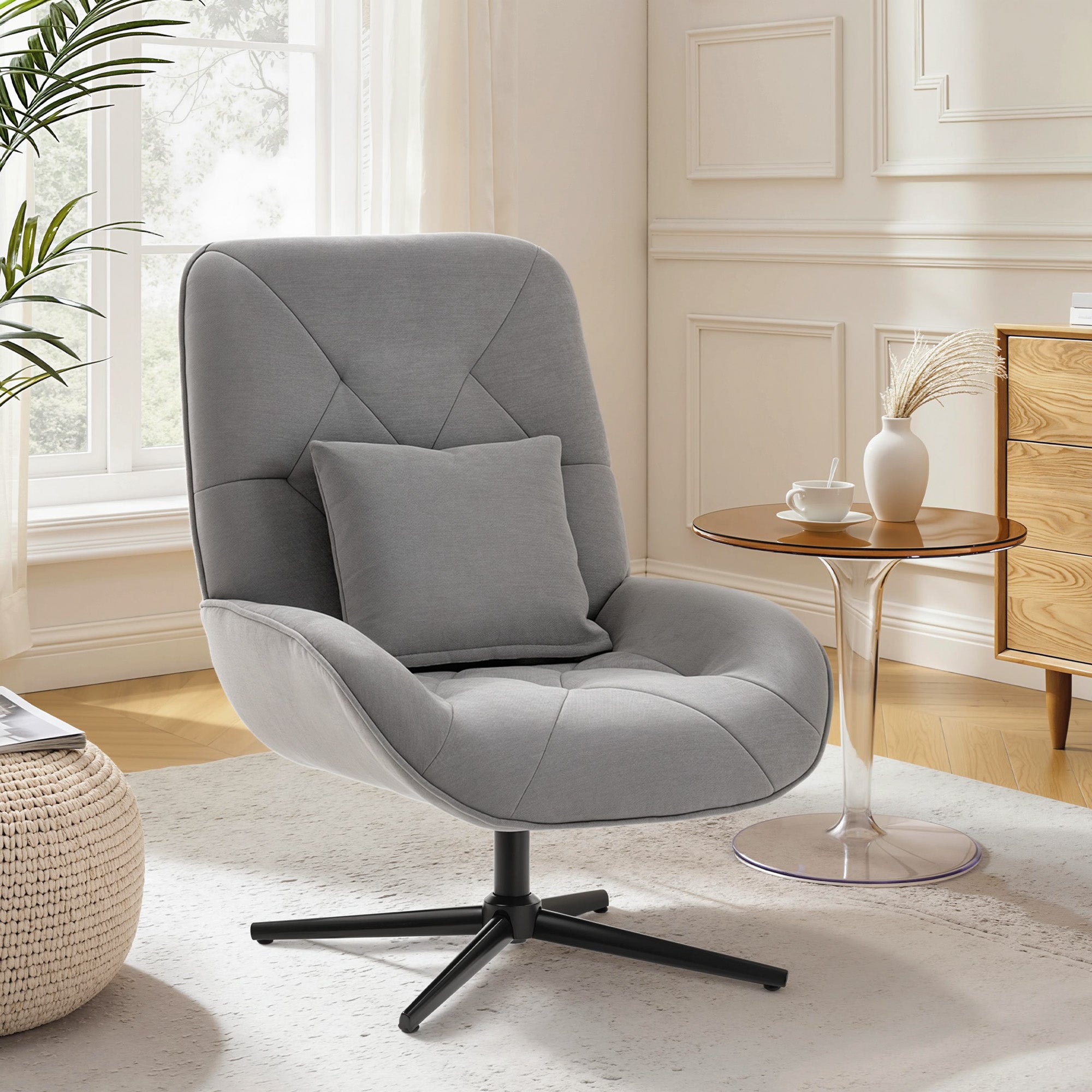 HOMCOM Accent Chair, Chenille Upholstered Swivel Armchair with Lumbar Pillow, High Back, Deep Seat and Metal Legs, Light Grey 