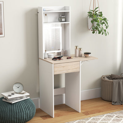 HOMCOM Small Vanity Desk with Mirror and LED Lights, Compact Dressing Table with Drop Leaf, Open Shelves and Drawer, White 