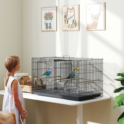PawHut Bird Cage with Divider, 4 Wooden Perches, Slide Out Tray, 4 Feeders, for Budgie, Lovebird, Canary, 76 x 46 x 46cm, Black 