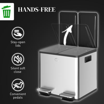 HOMCOM 30L Dual Compartment Stainless Steel Bin, with Deodoriser Holders - Silver Tone 
