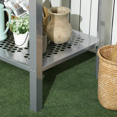Outsunny 2-Tier Plant Stand, Corner Plant Shelf for Outdoor and Indoor Storage Organizer, Freestanding Flower Rack with Steel Frame, Mesh Board, Silver 