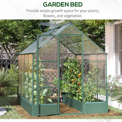 Outsunny 6x8 FT Polycarbonate Greenhouse with Base and Raised Bed, Walk-in Greenhouse with Aluminium Frame, Temperature Controlled Window, Foundation for Plants, Flowers, Vegetable 