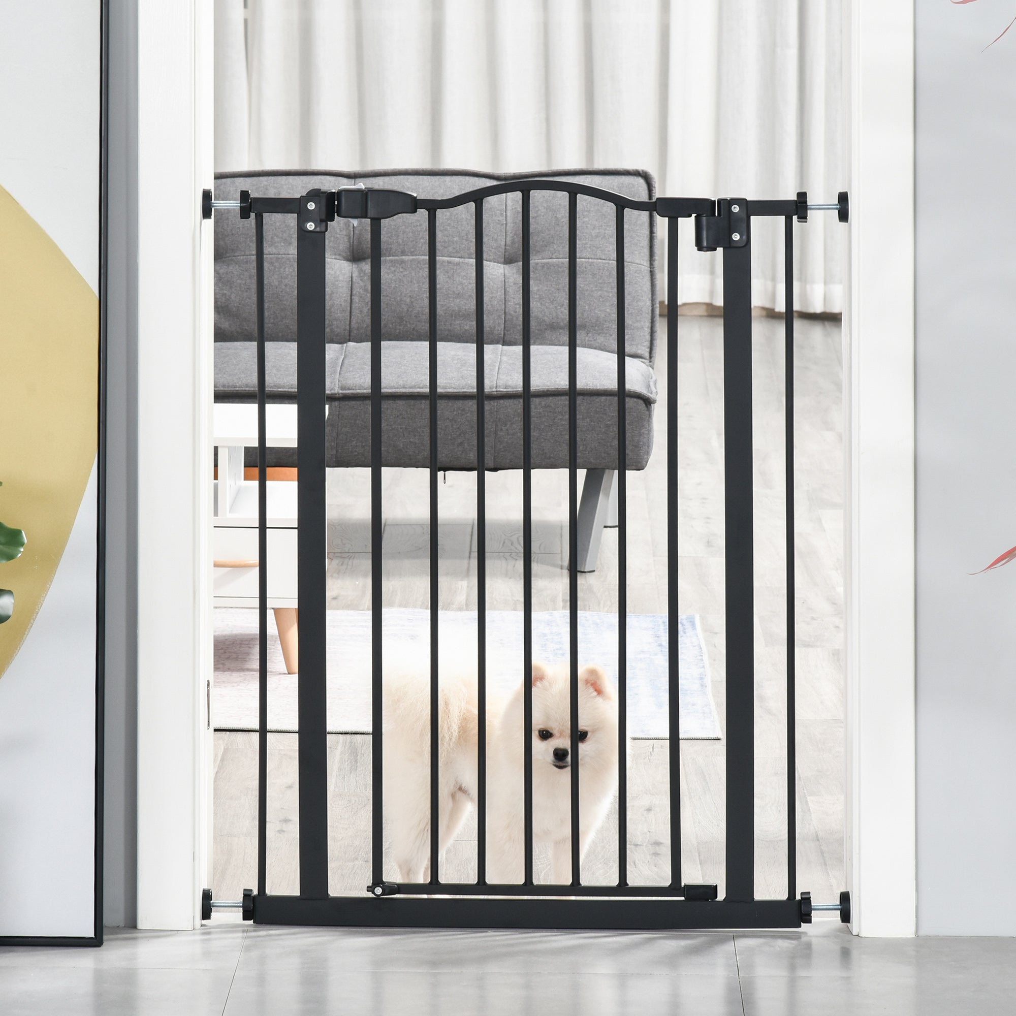 PawHut Pressure Fit Dog Stair Gate No Drilling Safety Gate Auto Close for Doorways, Hallways, 74-80cm Adjustable, 94cm Tall, Black 